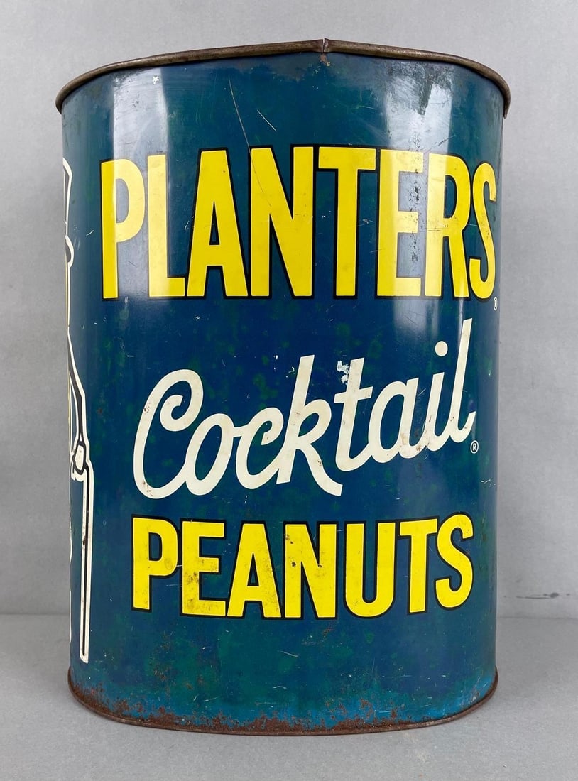 Vintage Planters Cocktail Peanuts Metal Advertising Trash Can: Cracks on top rim, some rust. Measures 13 x 10 x 7 1/4 inches