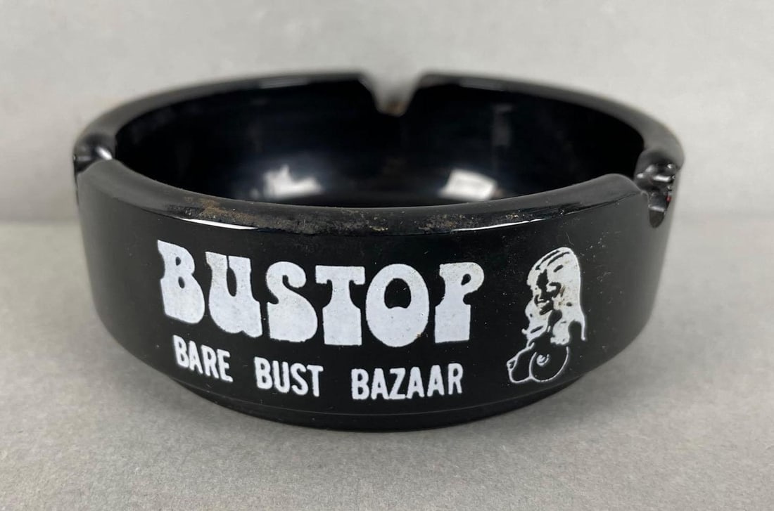 Bustop Bare Bust Bazaar Glass Ashtray: Boulder Colorado topless bar. Measures 1 1/4 x 3 1/2 inches