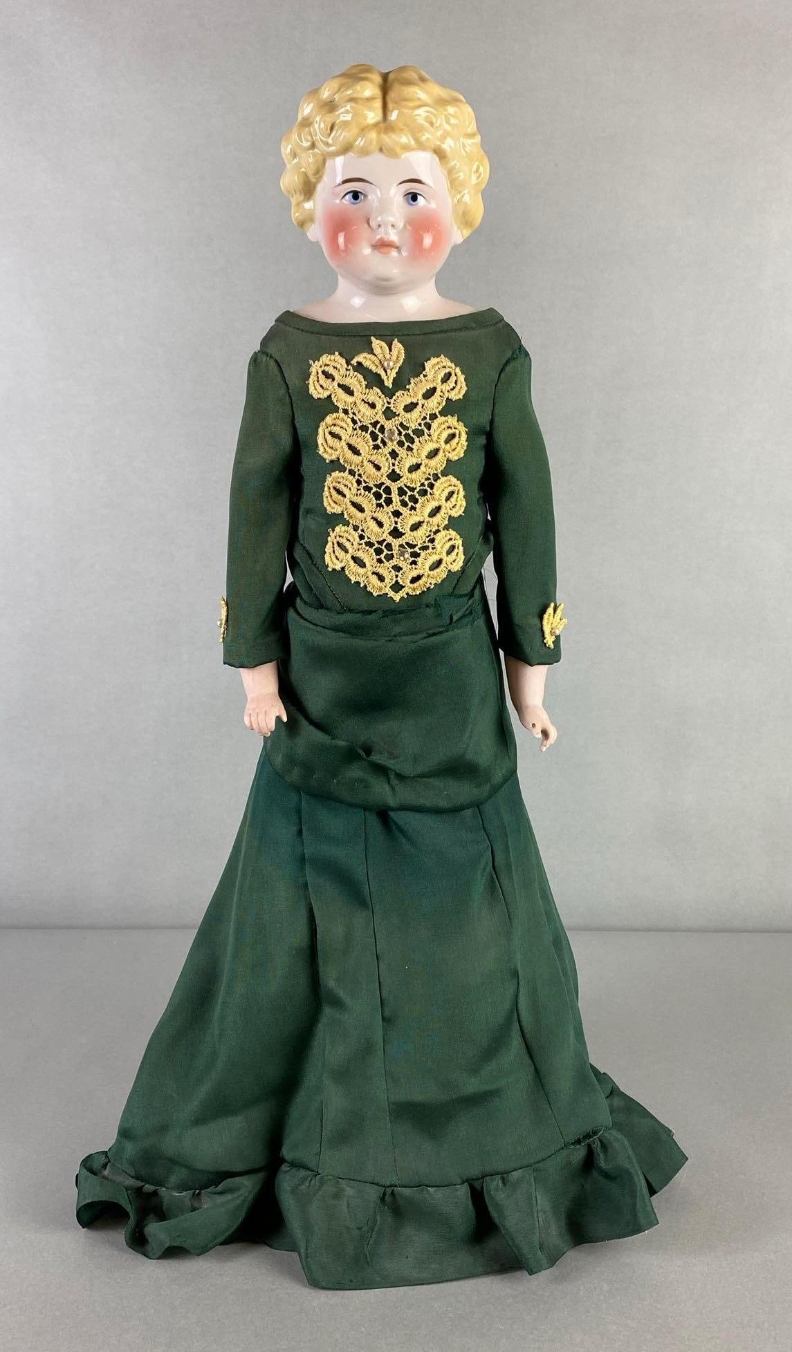 Porcelain China Head Doll with dark Green Embroidered Dress (1 of 8)