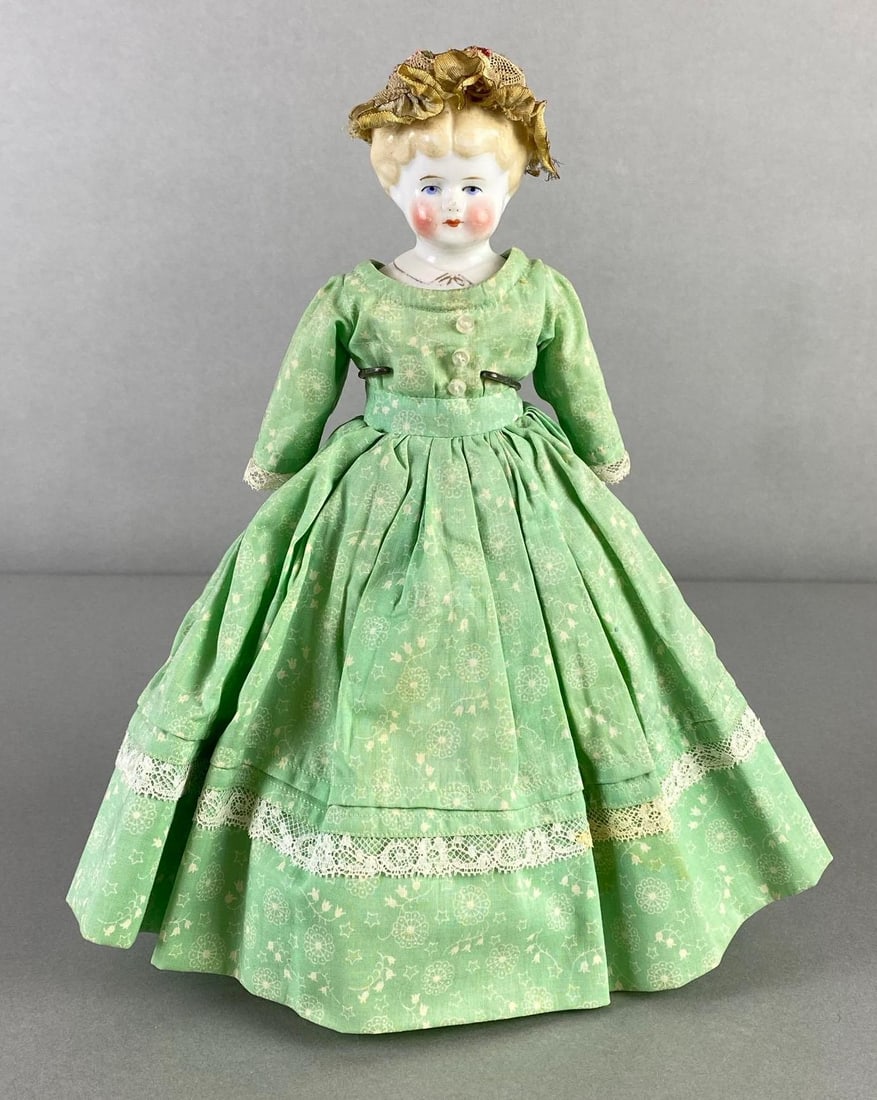 Antique German Porcelain China Head Doll with Green Floral Dress (1 of 9)
