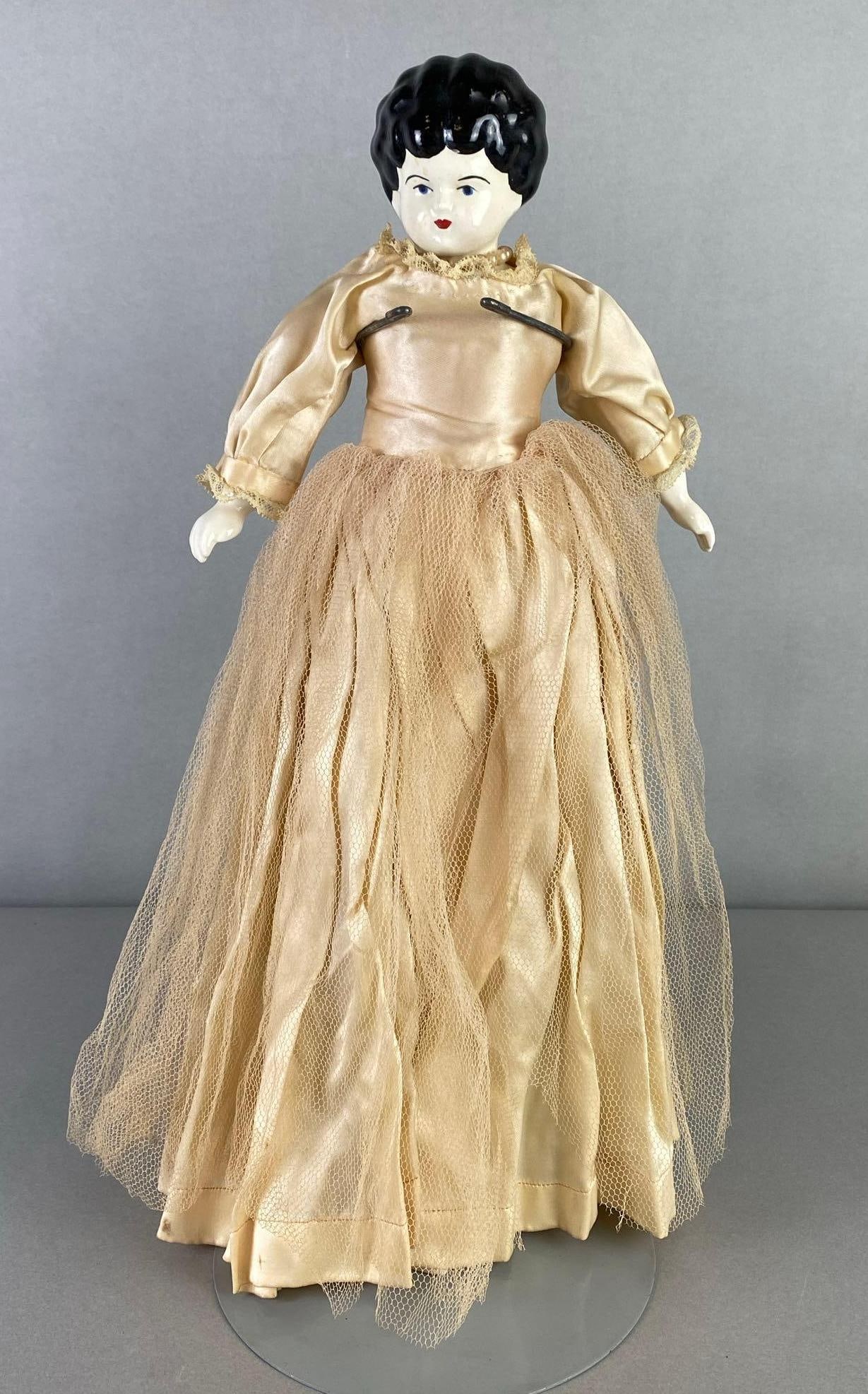 Antique Porcelain China Head Doll with Satin Dress (1 of 8)