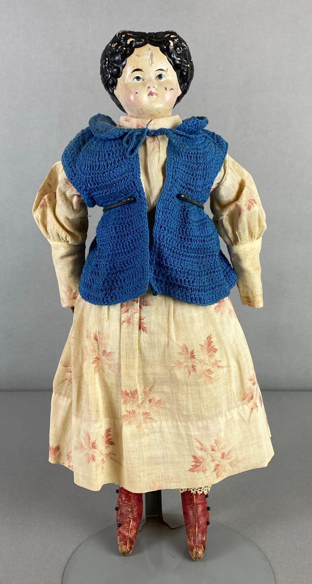 Antique Paper Mache Head Doll in White Floral Print Dress (1 of 8)