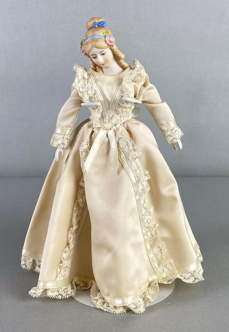 Vintage Porcelain Bisque Head Doll with Cream Satin Dress (1 of 7)