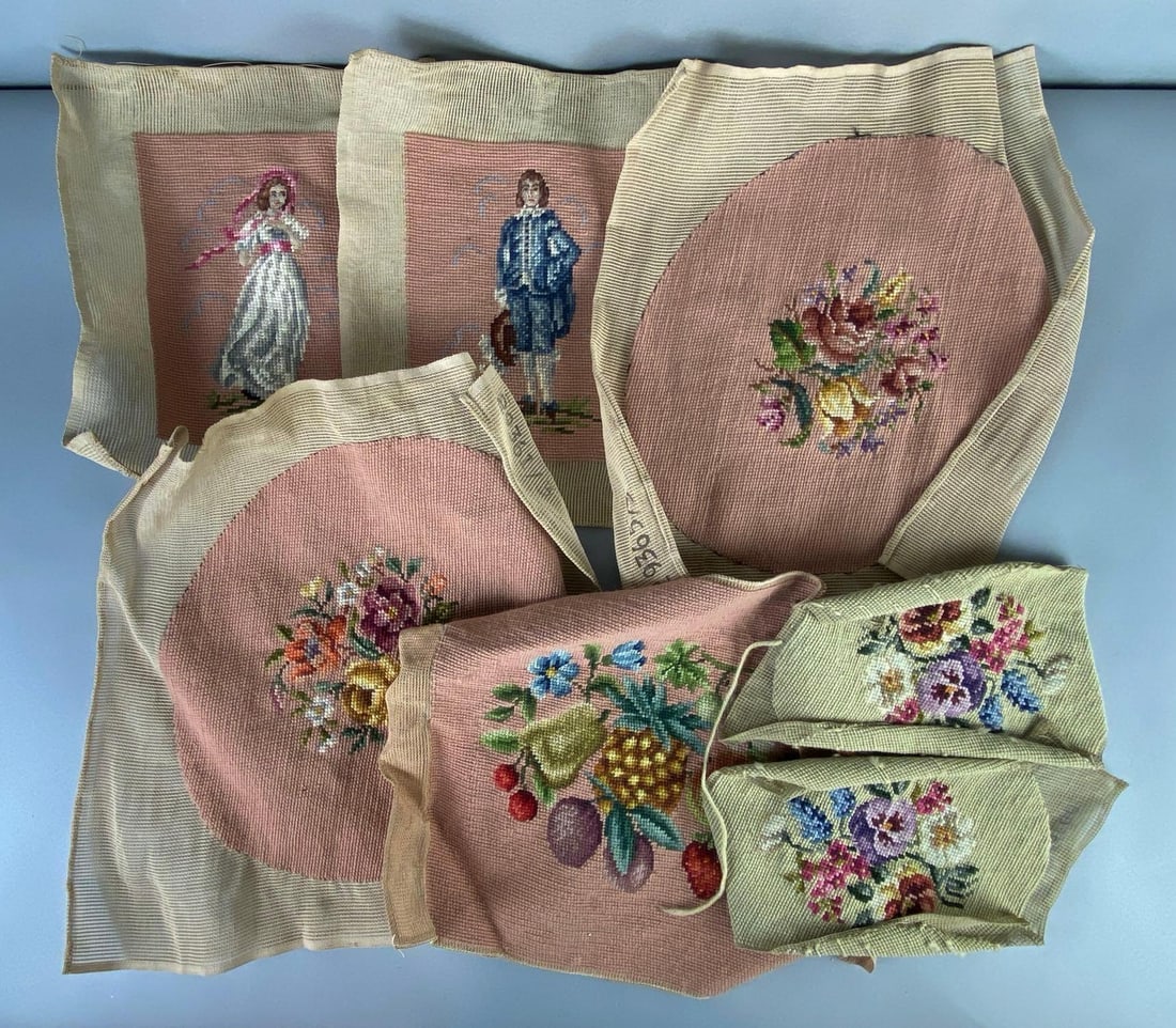Group of Needlepoints: Includes florals, and portraits, All with curled edges, Largest measures 17 x 16 1/2 inches.