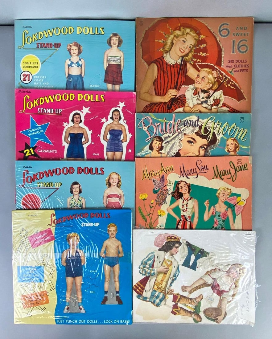 Group of Paper Dolls and More: Includes Lokdwood Dolls, 6 and sweet 16, Bride and Groom, and more, Unknown set completions, Some sealed, Largest measures 12 1/2 x 10 1/2 inches.