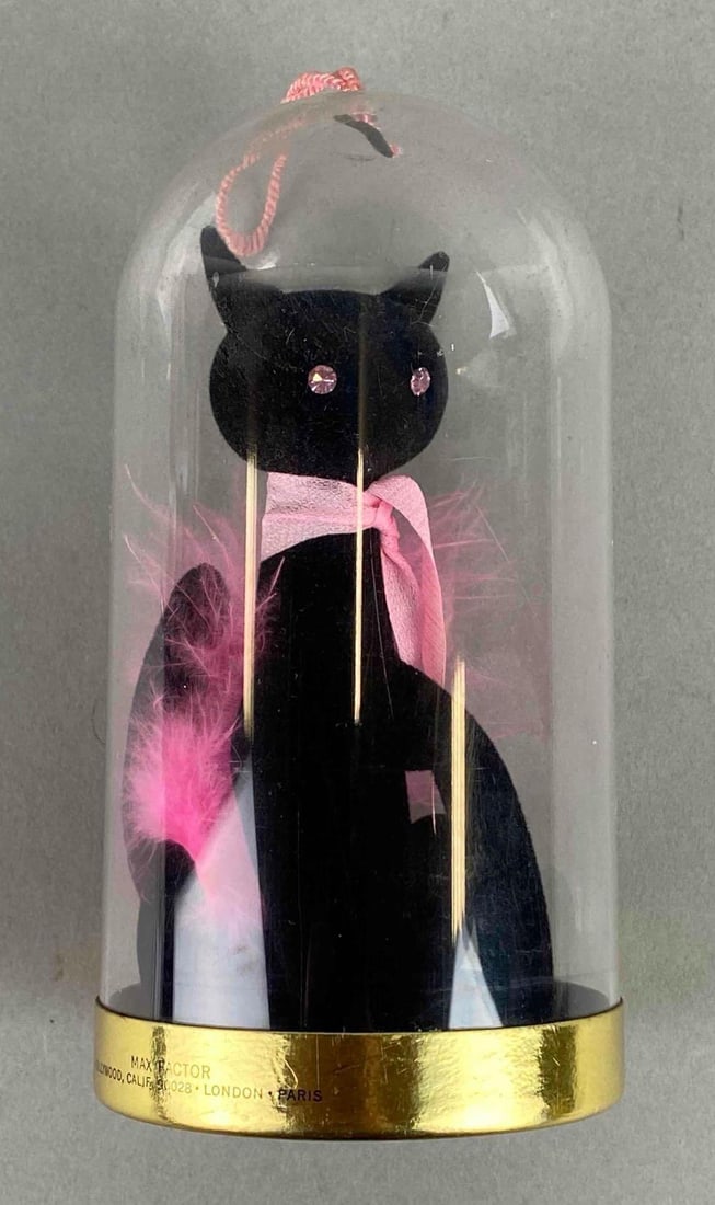 Vintage Max Factor Primitif Sophisti-cat Perfume Holder: Is missing perfume bottle. Dome has wear with age. Measures 5 1/2 x 3 inches.