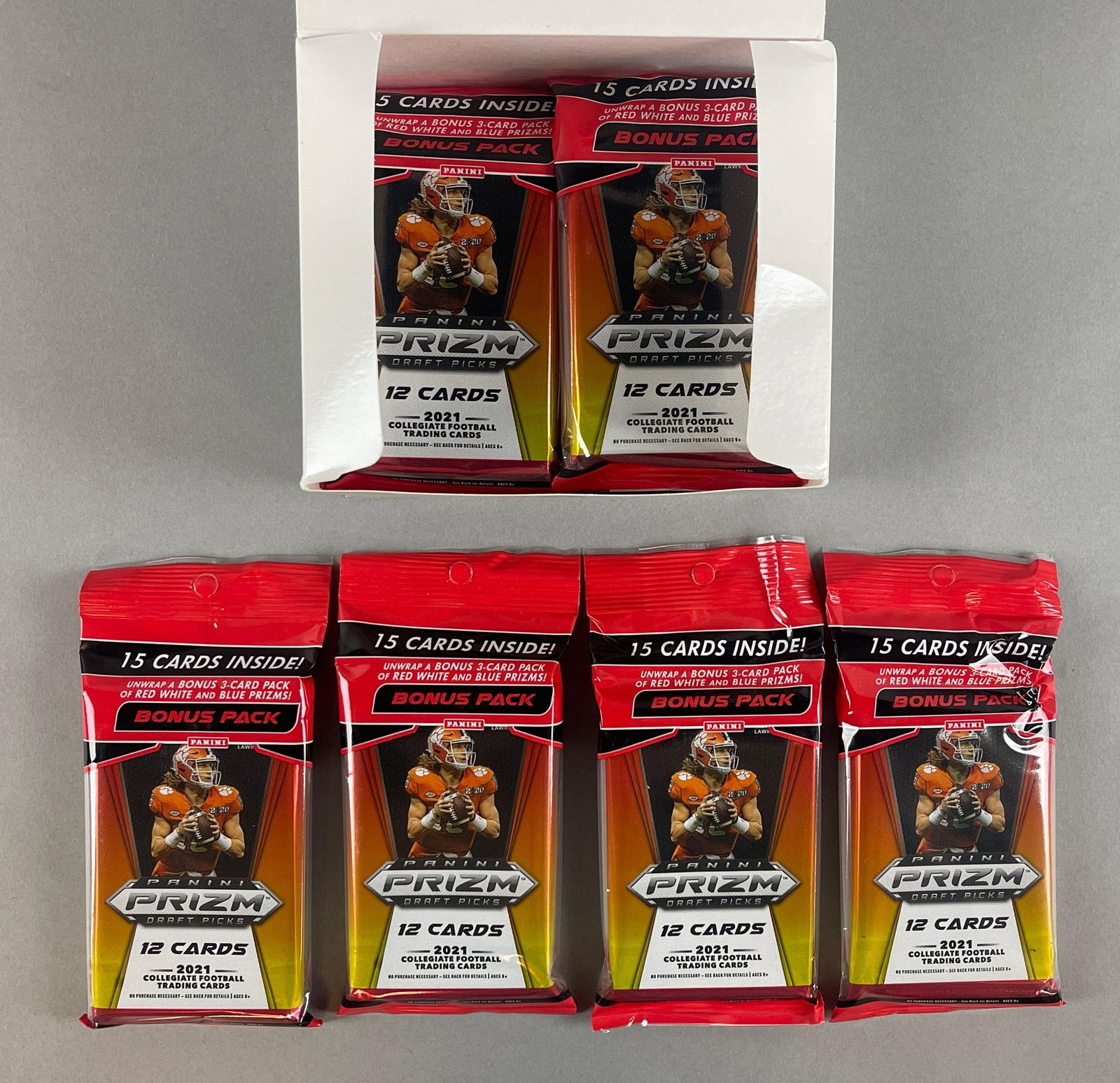 2021 Panini Prizm Collegiate Football Blaster Box: 2021 Panini Prizm Collegiate Football Blaster Box, Look for orange wave prizm, 12 packs per box, 15 cards per pack