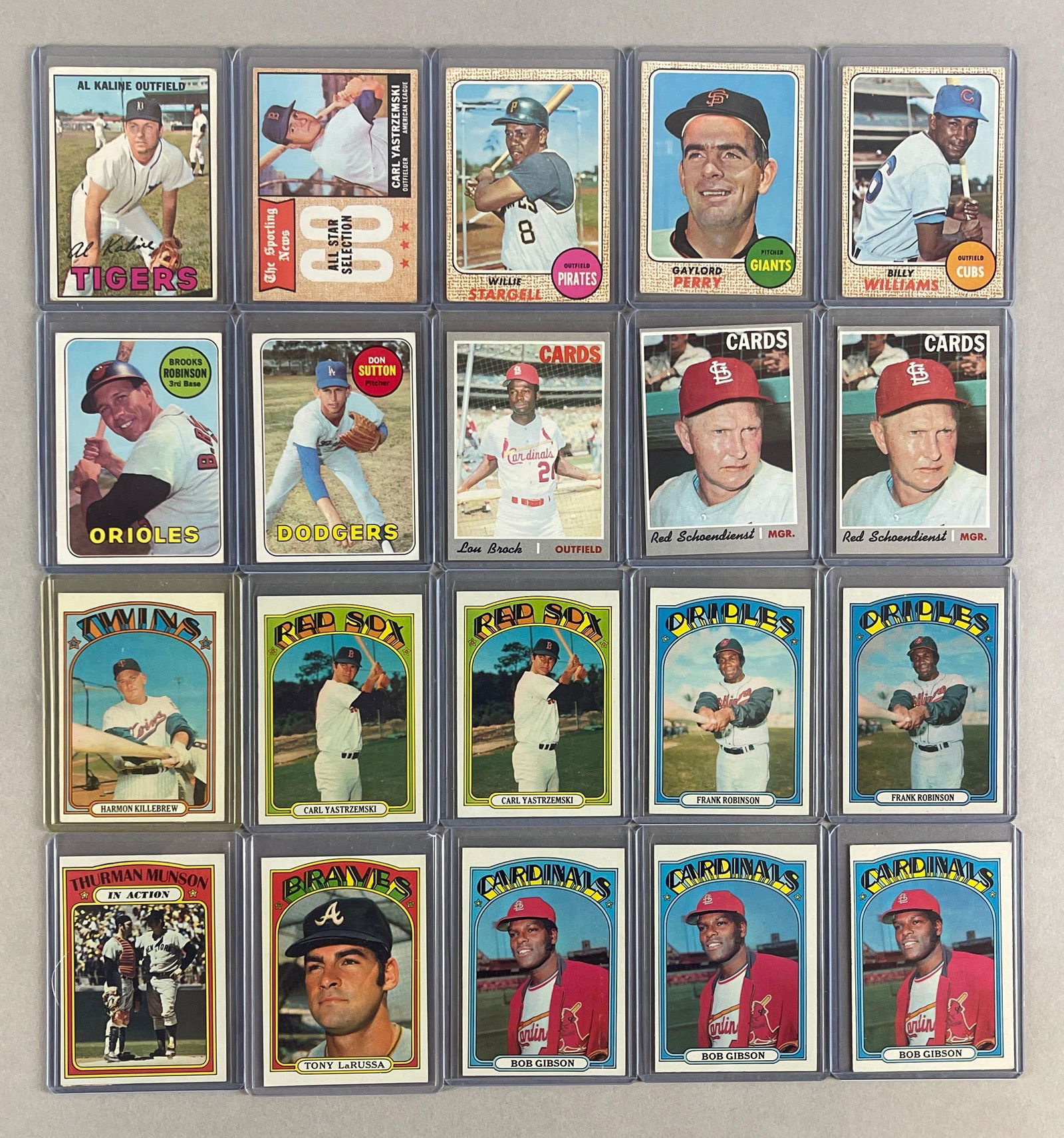 20 - 1967 - 72 Topps Baseball HOFs: Condtions vary, VG - EXMT, 1967 Kaline, 1968 Yaz and Stargell, 1969 B. Robinson, 1970 Brock, 1972 Yaz, F. Robinson, Gibson, and Munson