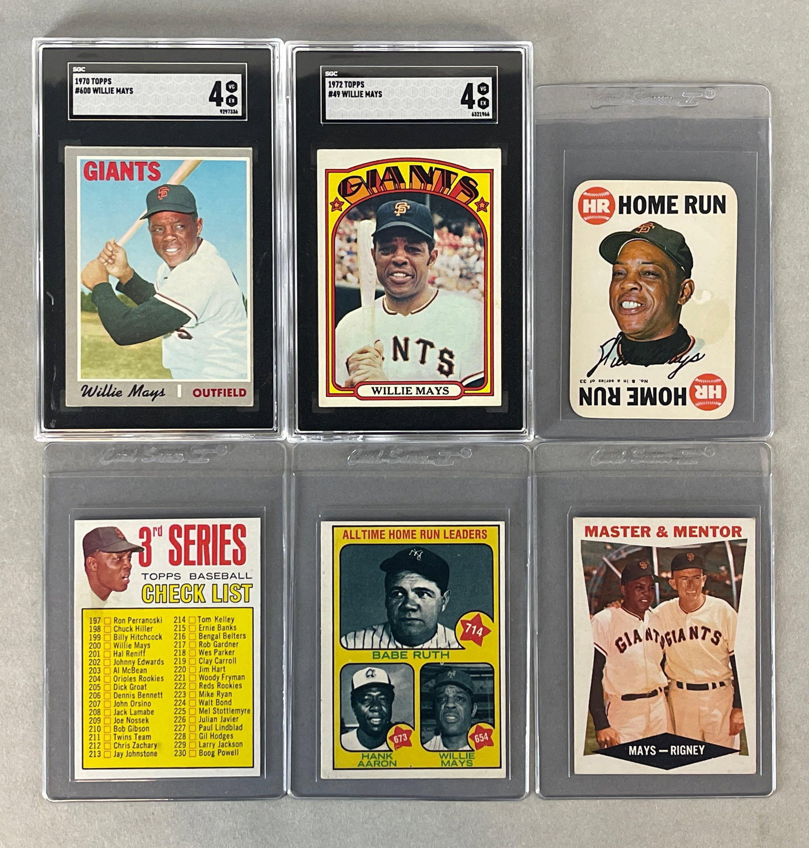 6 - 1960 - 72 Topps Willie Mays with 2 Graded: 1970 #600 SGC 4, 1972 #49 SGC 4, 1960 Master and Mentor #7 EX, 1973 #1 VG, 1967 #191 EXMT, 1968 Topps Game #8 Low