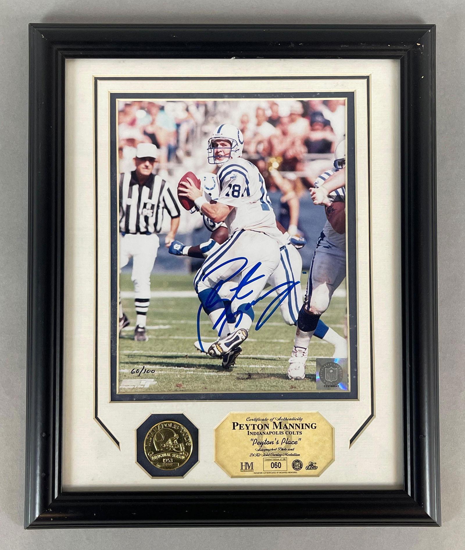 Framed Peyton Manning Signed 8 x 10 Photo with 24 Kt. Medallion 60/100 (1 of 4)