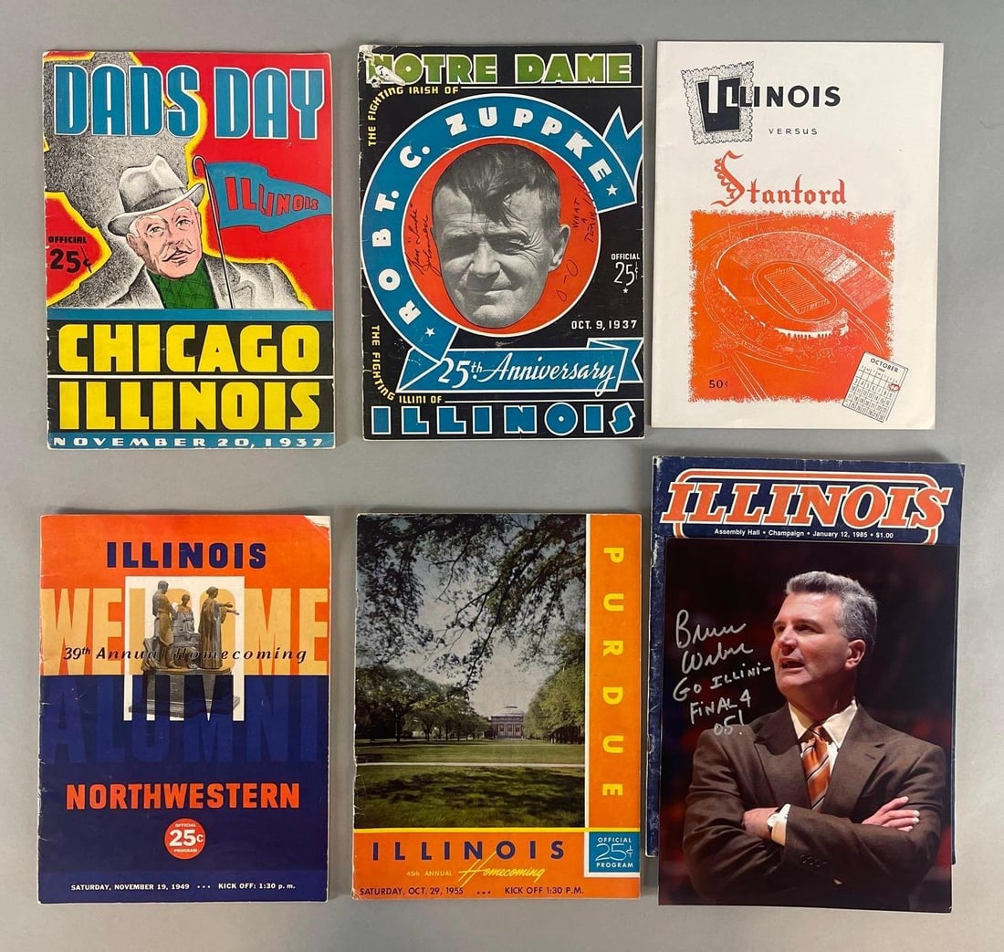 6 - 1937 - 85 University of Illinois Football and Basketball Programs + Bruce Weber Signed Photo: 2 - 1937 Programs, Ken Johnson Auto, 1949 Homecoming Program, 1955 Homecoming Program, 1954 Program, 1985 Basketball Program, and Bruce Weber Signed 8 x 10