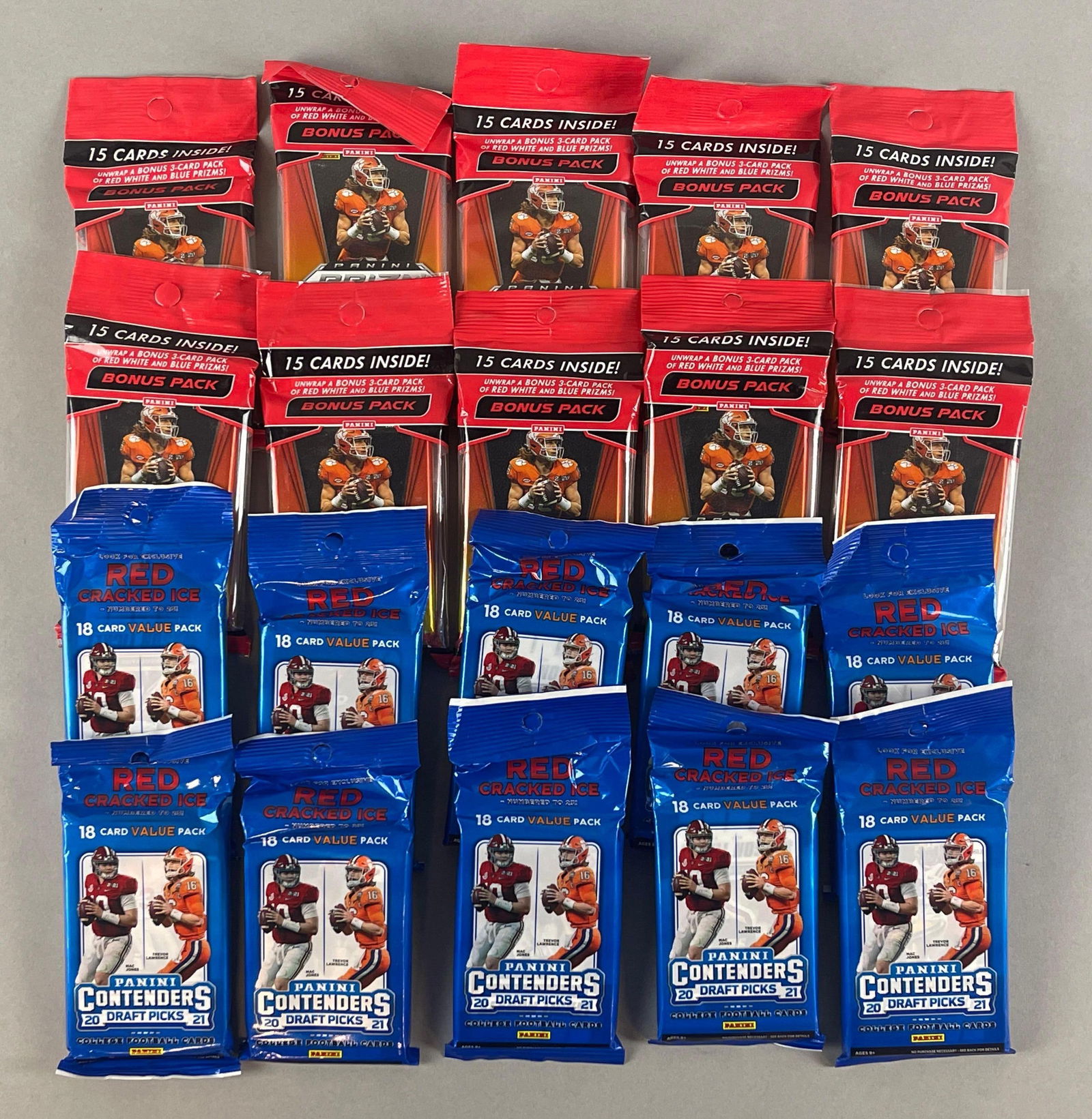 10 - 2021 Prizm Draft Picks Football + 10 - 2020 Contenders Draft Picks Football Value Packs (1 of 3)