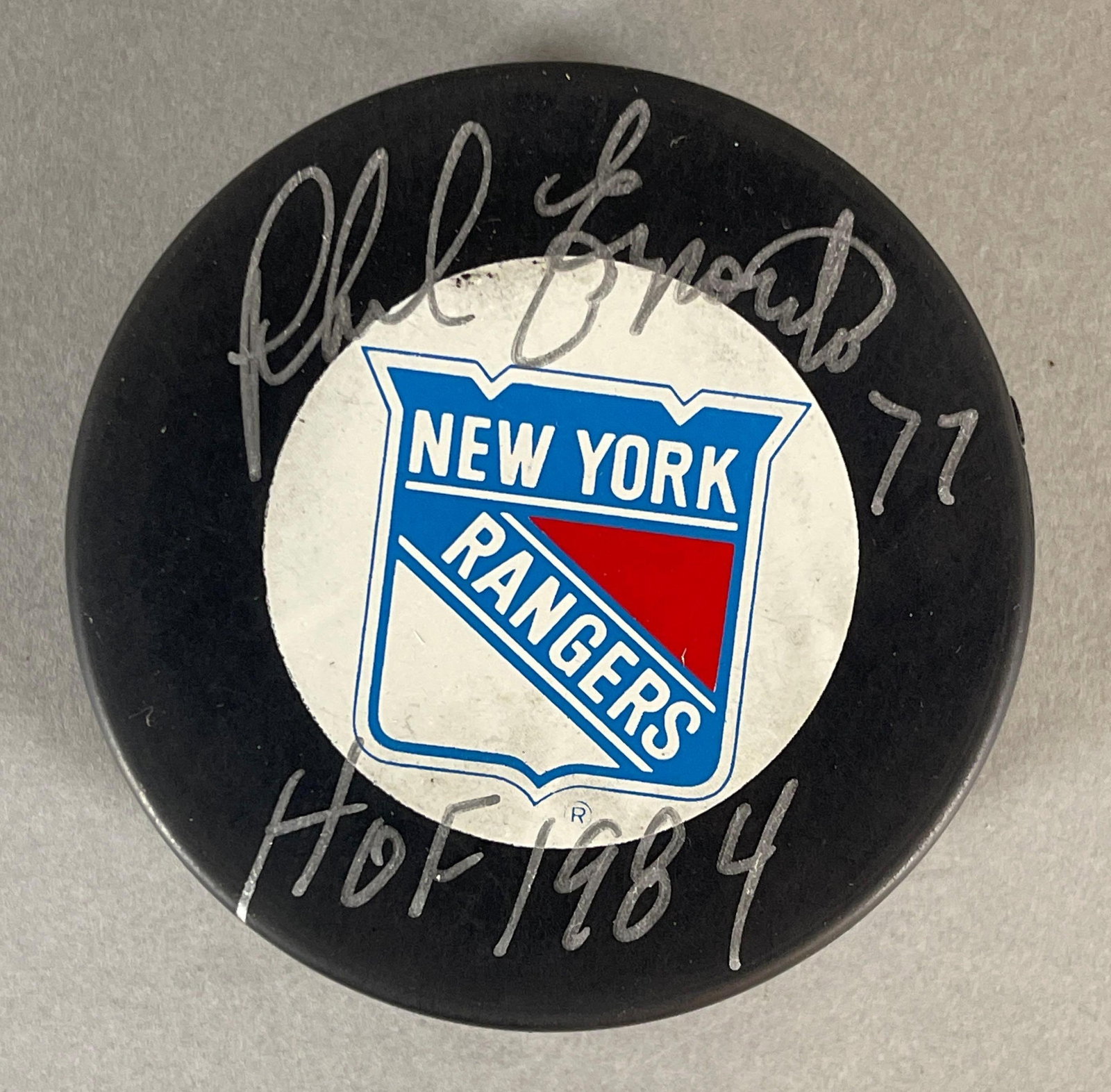 Phil Esposito Signed Official NHL Rangers Puck with Inscription: Autographed Phil Esposito #77 HOF1984, We guarantee this to pass a 3rd party authentication, Case included