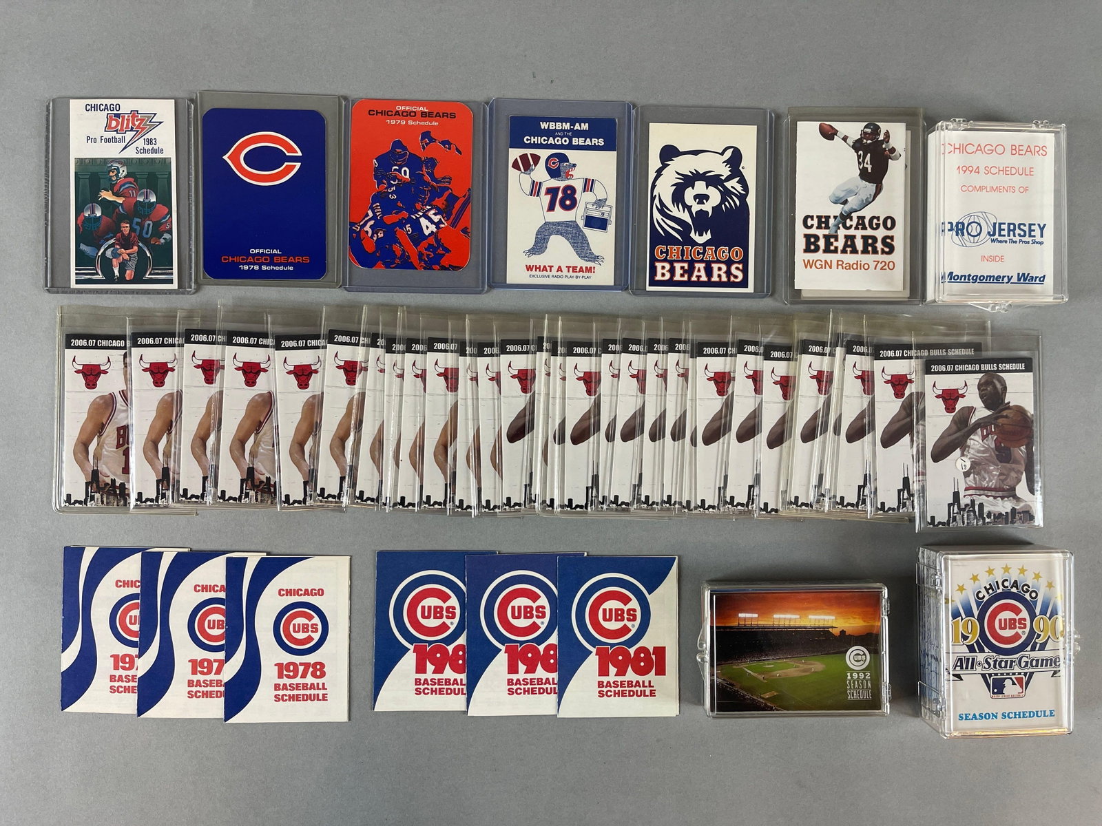 100+ 1978 - 2006 Chicago Blitz, Bulls, Bears, and Cubs Pocket Schedules: 1983 Chicago Blitz ASFC, 1978, 79, 83 Bears, 3 - Different 1985 Bears, Many 1994 Bears, 3 - 1978, 3 - 1981, Multiple 1990 All-Star and Multiple 1992 Cubs, and More 2006 - 07 Bulls