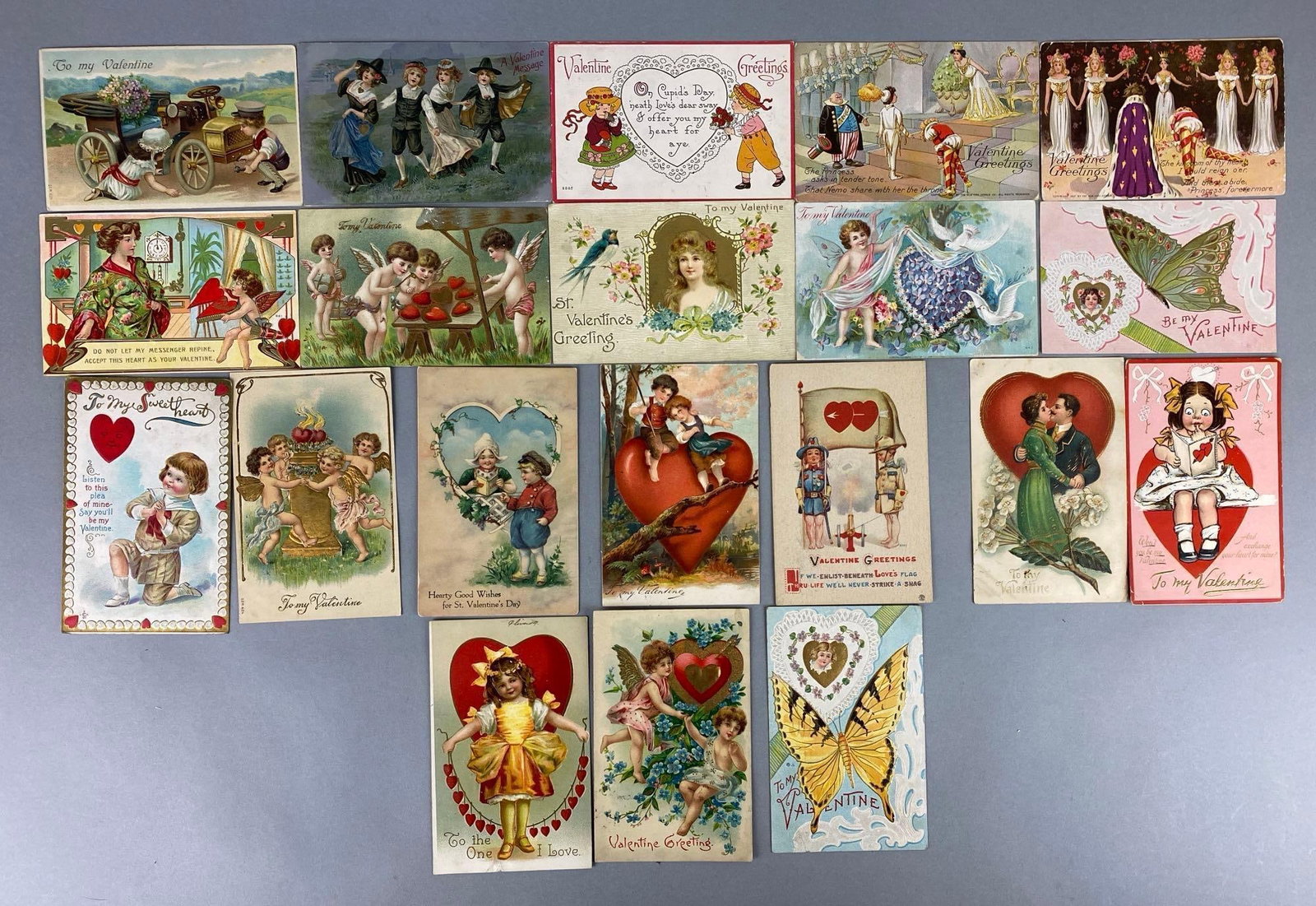 Postcard - 20 Embossed Valentines: Includes a butterfly, pilgrims, a queen and more.