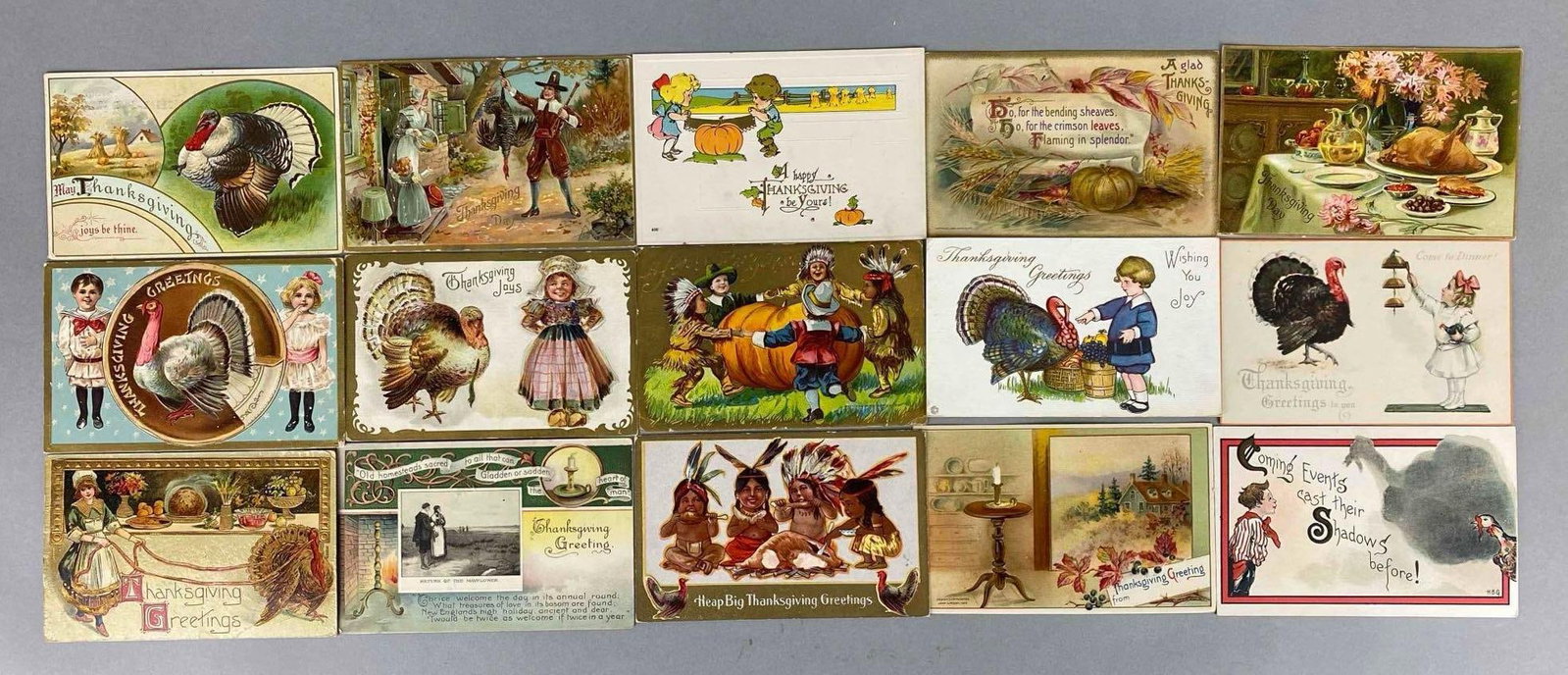 Postcard - 20 Embossed Thanksgiving: Includes Native Americans, children, Bald eagle fighting a turkey and more.
