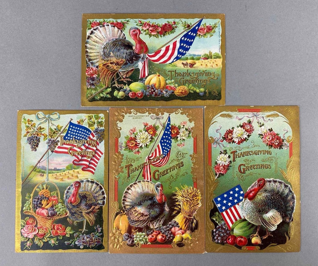 Postcard - 4 Embossed Thanksgiving: Art by B Hoffman. Includes a fruit basket, bale of wheat, flag and more.