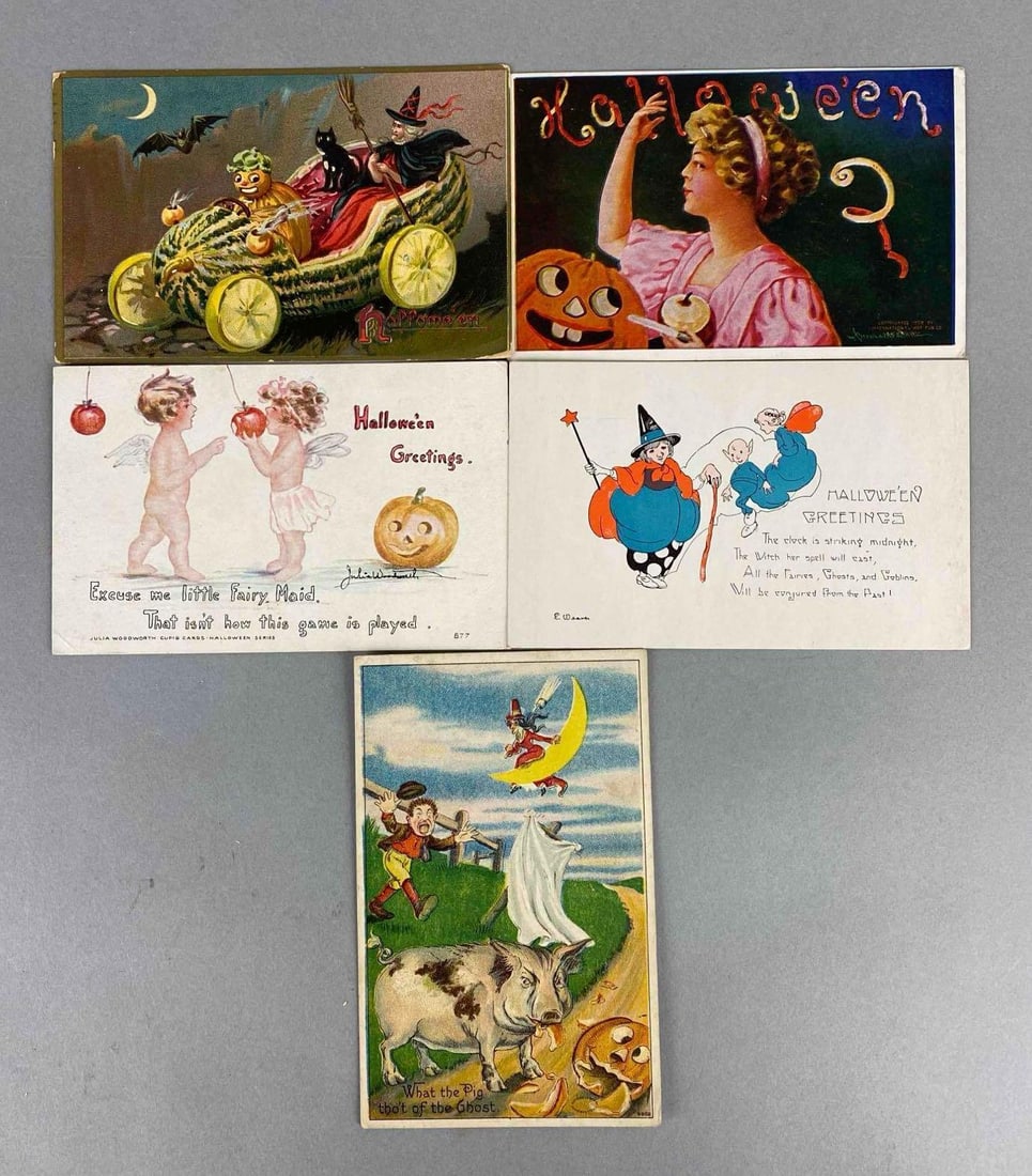 Postcard - 5 Embossed Halloween: Includes pig, fantasy, witch and more.