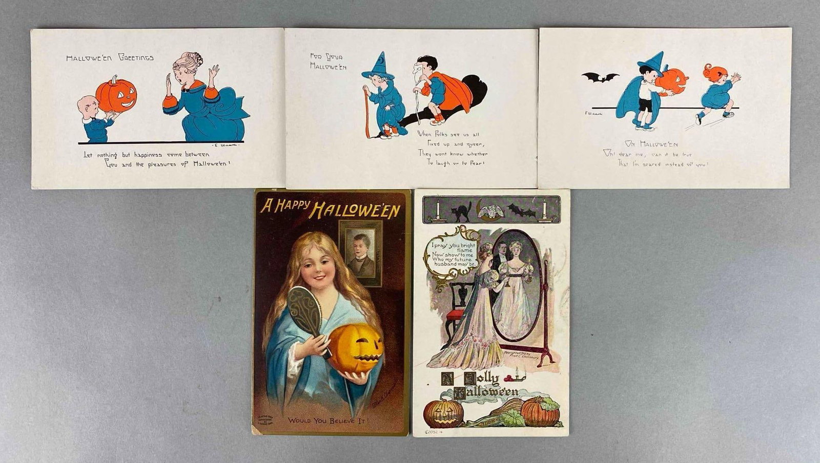 Postcard - 5 Embossed Halloween: Include children, mirror, pumpkin and more.