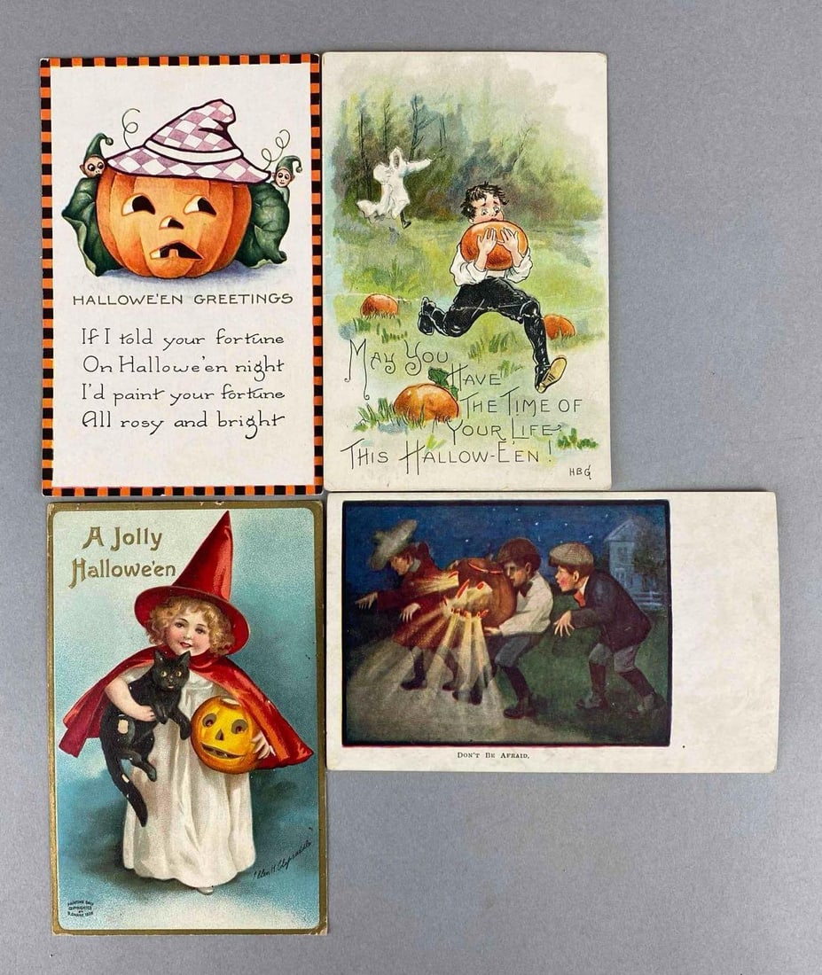 Postcard - 4 Embossed Halloween: Includes witch, cat, elves and more.