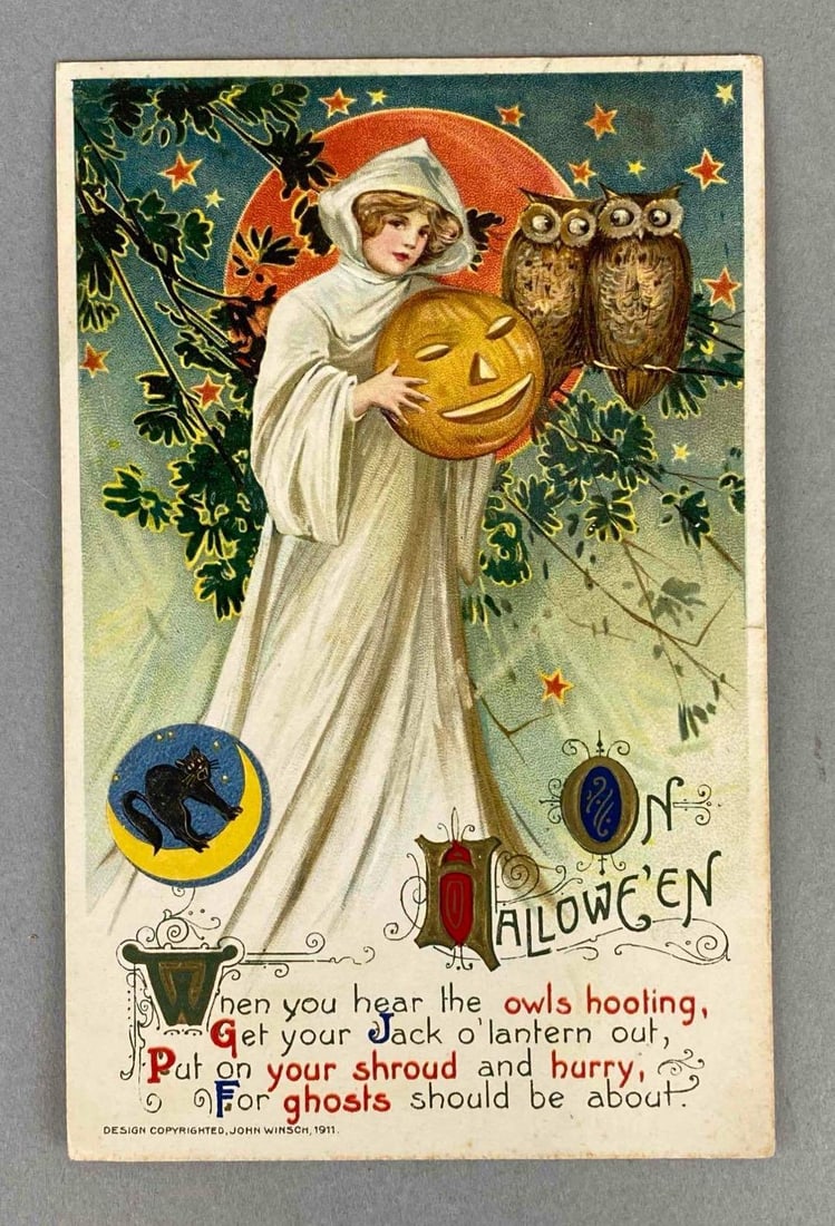 Postcard - Embossed Halloween: Copyright John Winsch. Includes owl, woman, cat and more.