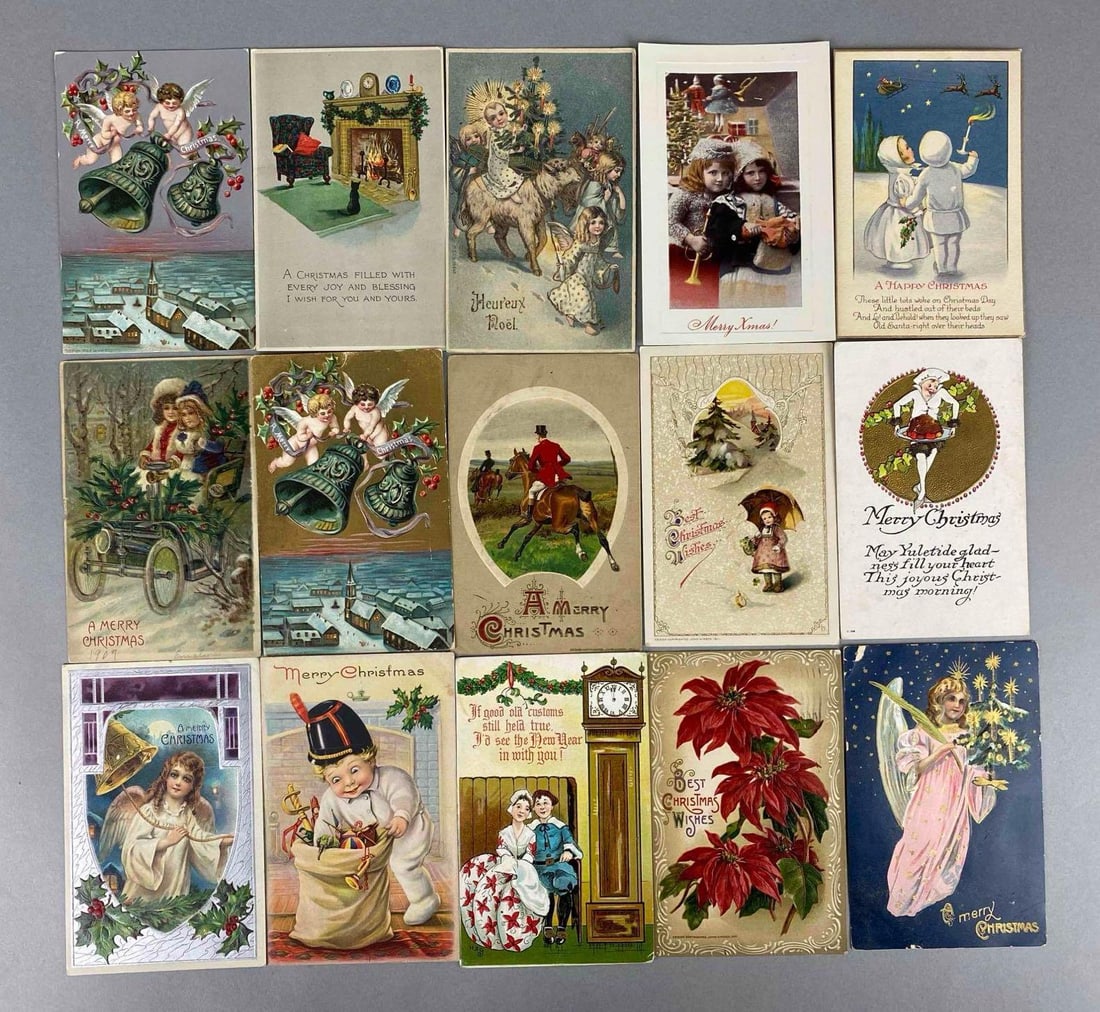Postcard - 44 Embossed Christmas: Includes clock, couple, bells and more.