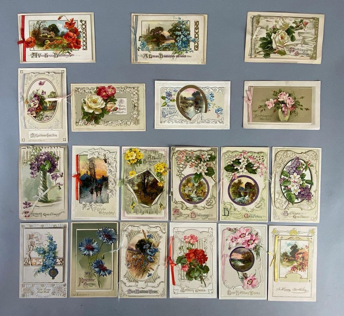 Postcards - 19 John Winsch Art Birthday Booklets: Includes florals and landscapes, Some ribbon fraying.