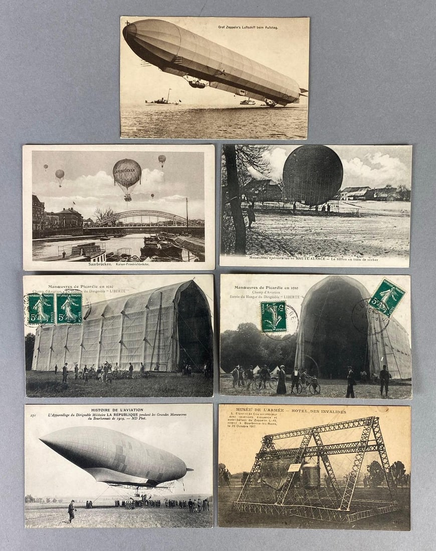 Postcards - 7 Balloons and Dirigibles: Most in German, Includes Starbrucken Balloon, Graf Zepplin, Airship hanger, and more.