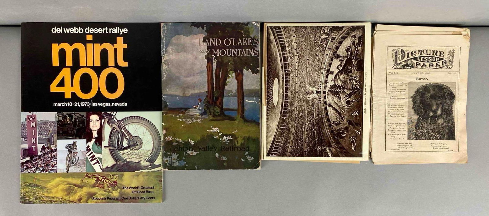 Group of Ephemera: Includes mint 400 magazine, 1880’s picture lesson papers, prints info in Italian and more. Largest item measures 10 3/4 x 8 1/2 inches.
