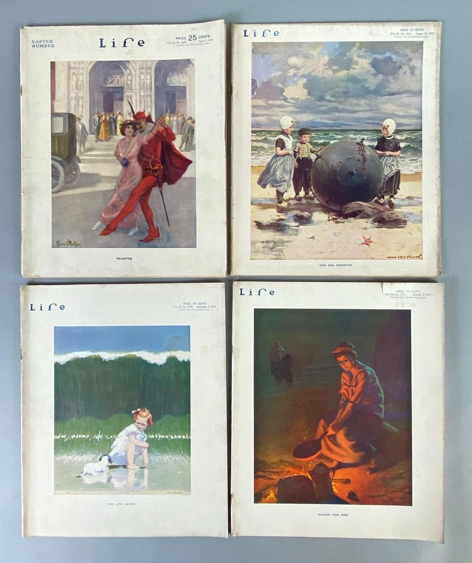 Group of (4) 1915 Life Magazines: Rare, Includes April, August, September, and October, Some small tears around edges, All measure 11 x 9 inches.