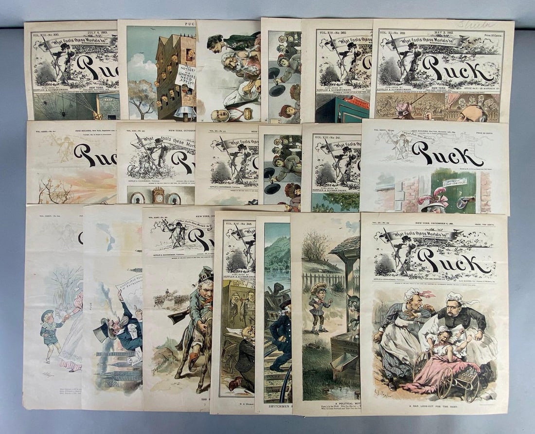 Group of Antique Political Magazine Plates and Covers: 1800s, Single pages only, No intact magazines, Includes Puck, and Judge, Some with tears, All measure 13 3/4 x 10 inches.