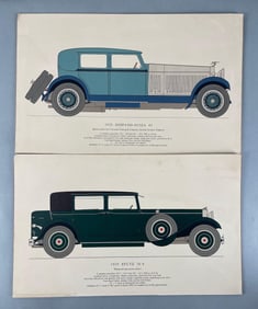 Group of 2 Antique Sports Saloon Automobile Prints on Board
