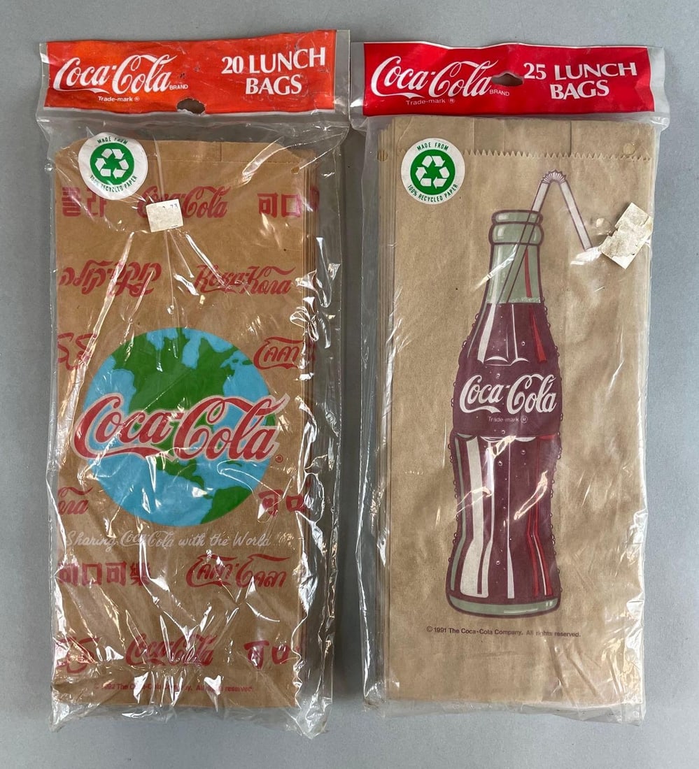 Group of 1990s Coca-Cola Paper Advertising Lunch Bags: Sealed packaging measures 15 1/2 x 7 1/4 inches