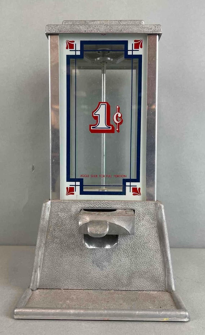 Vintage Dean Penny Arcade 1¢ Coin Operated Candy Vending Machine: Working condition, does not include key. Measures 13 x 6 3/4 x 8 1/2 inches