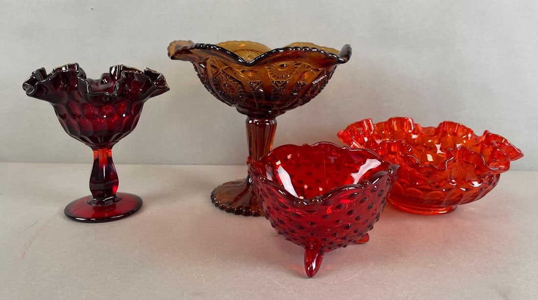 Group of Fenton Glass Dishes: Includes orange bowl, cranberry hobnail, largest measures 7 1/2 x 8 1/2 inches