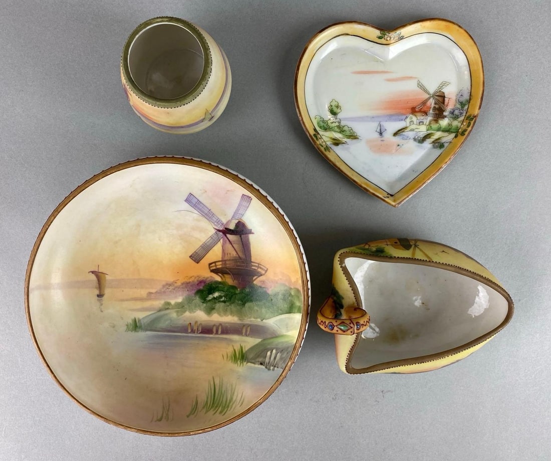Group of 4 Nippon Hand Painted Porcelain Windmill Items: Includes Toothpick holder, heart shaped tray, footed bowl and more. Largest item measures 2 x 6 1/4 x 6 1/4 inches.