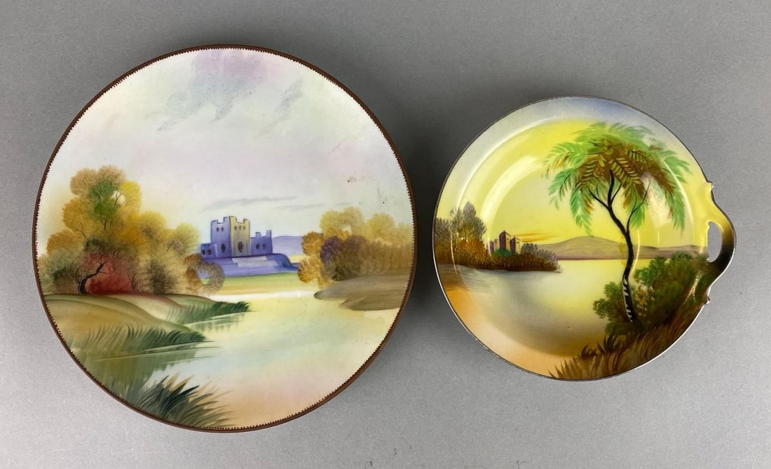 Group of 2 Hand Painted Porcelain Castle Items: Includes Nippon plate and Noritake bowl. Largest item measures 1 x 9 x 9 inches.
