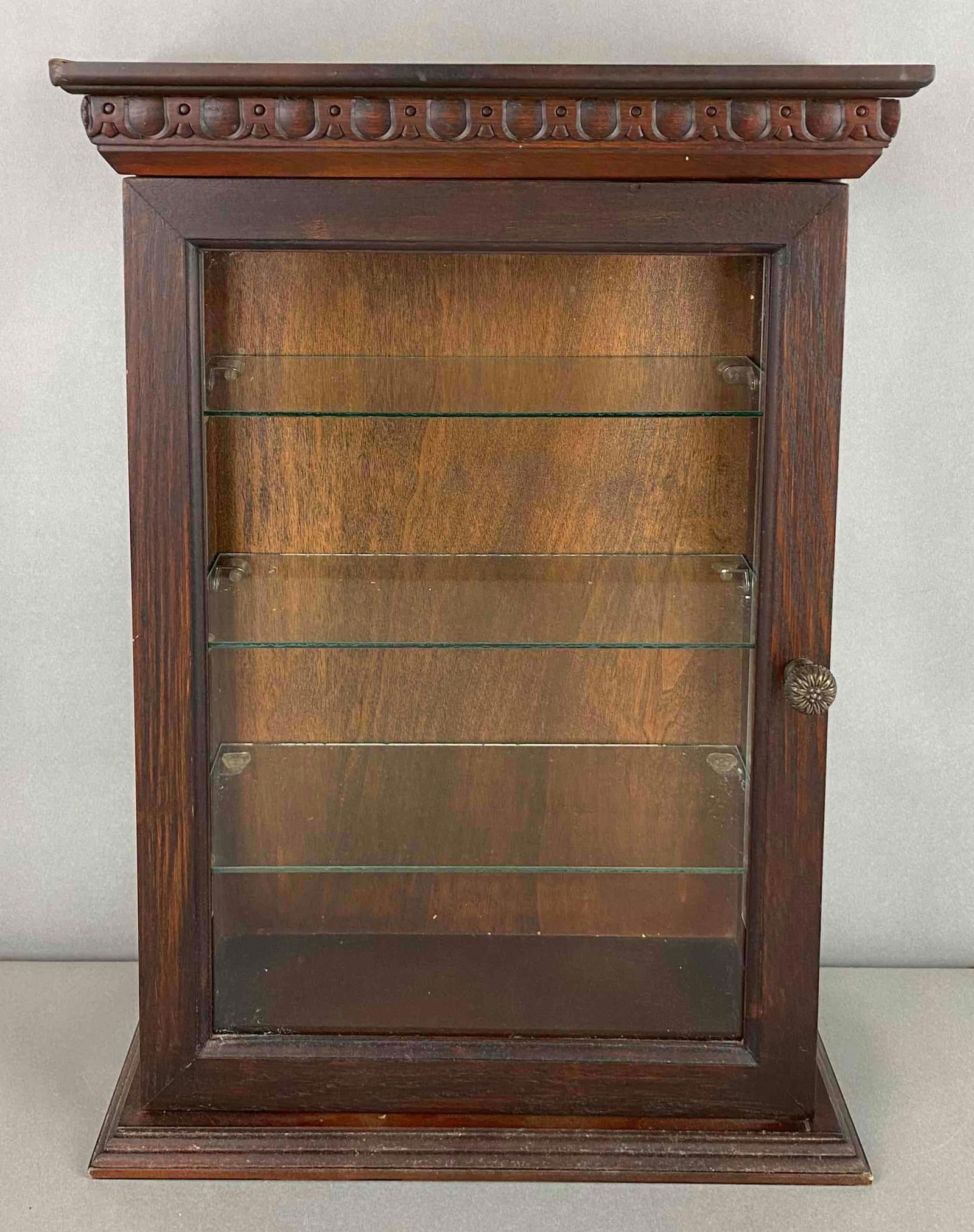 Small Wood Curio Cabinet: With 3 glass shelves. Measures 18 x 12 3/4 x 5 1/2 inches.