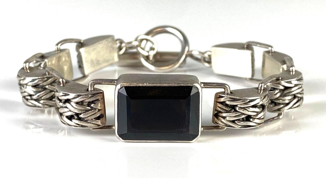 Sterling Silver Dark Amber Spinel Link Bracelet: Total weight 45.1g, Measures 7 3/4 inches long.