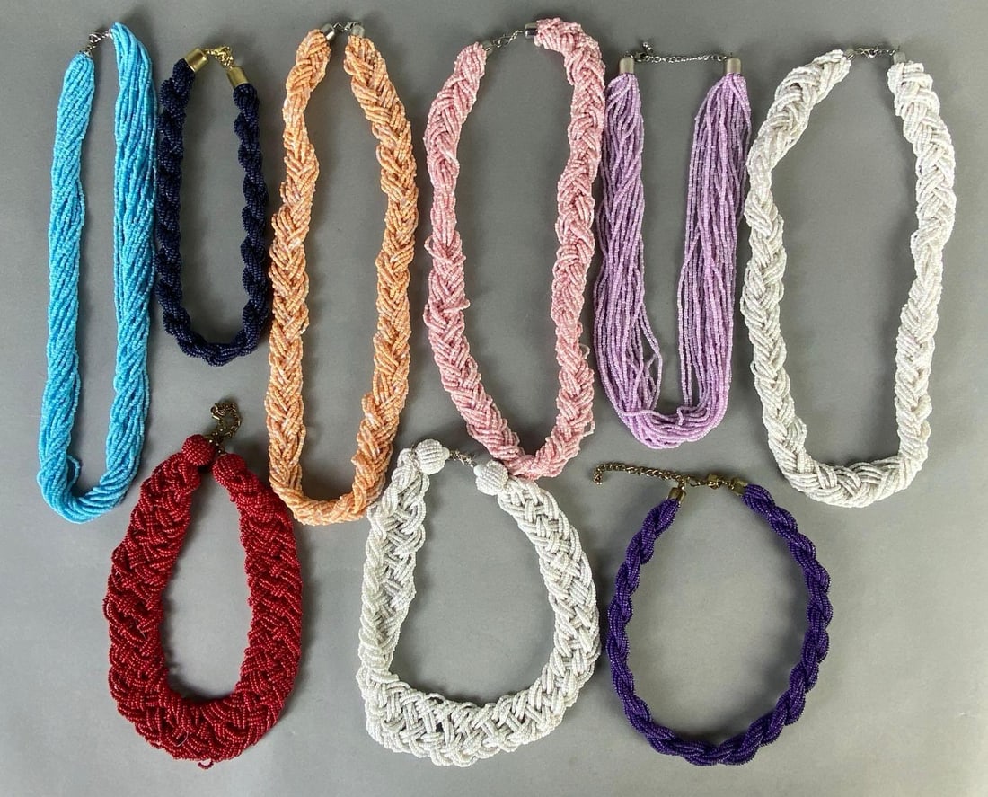 Group of Costume Jewelry Beaded Rope Necklaces: Includes white, blue, purple, and more, Longest measures 27 inches long.