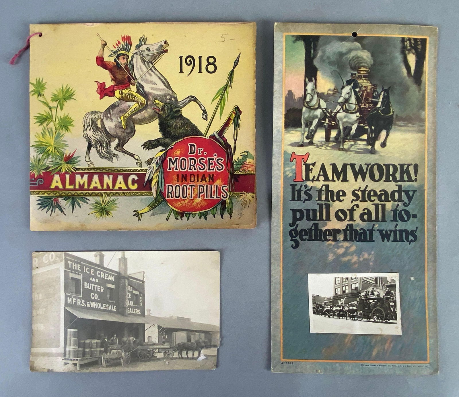 Group of 3 Early 1900s Advertising Ephemera: Includes Real photo Postcard of storefront, 1918 Dr. Morses Indian Root Pills Alana Mac and Teamwork. largest measures 10 x 4 3/4 inches