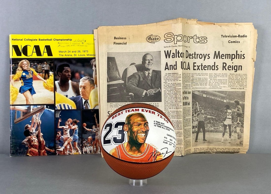 Group of Basketball Memorabilia: Includes 1995-96 Mini Michael Jordan Championship basketball, and NCAA Ephemera, Including 1973 NCAA program, and newspapers.
