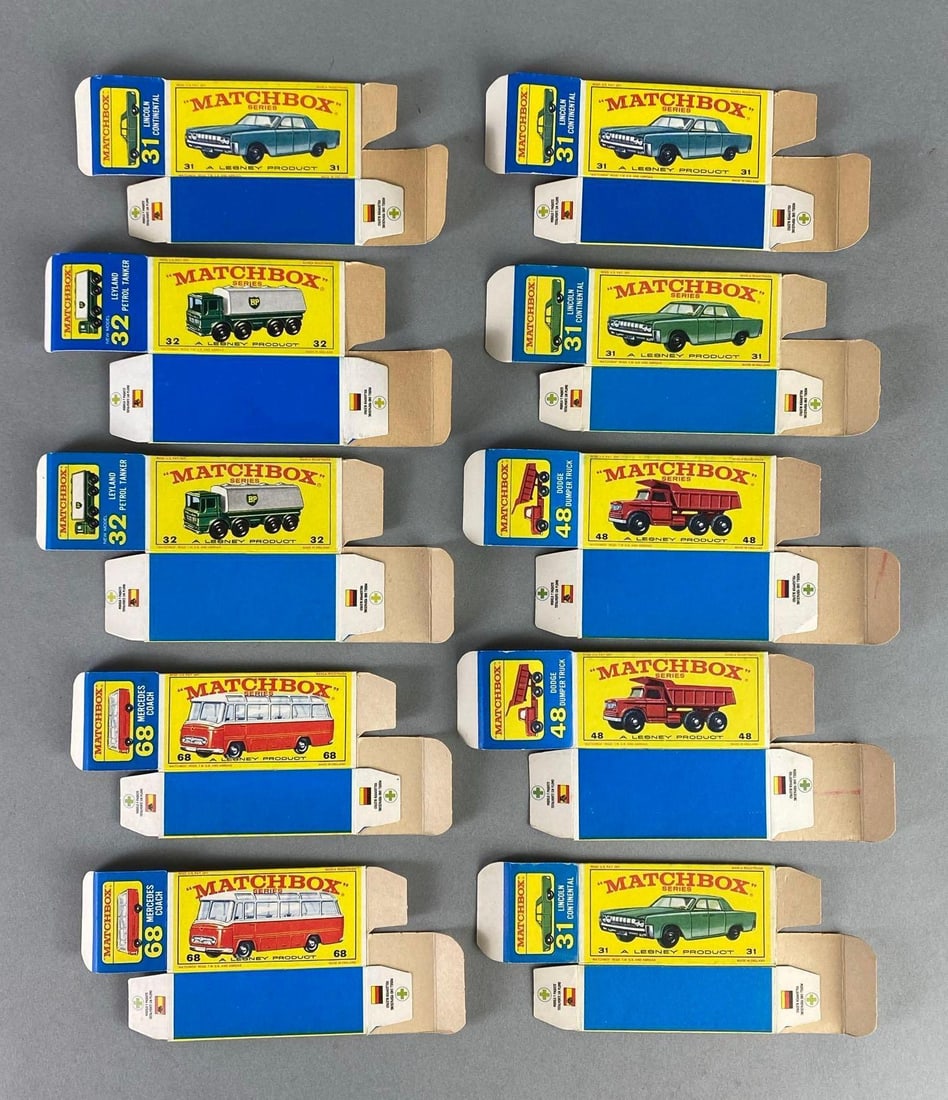 Group of 10 Matchbox E Type Boxes: Includes No. 31 Lincoln Continental, No. 32 Leyland Petrol Tanker, No. 68 Mercedes Coach, and No. 48 Dodge Dumper Truck.
