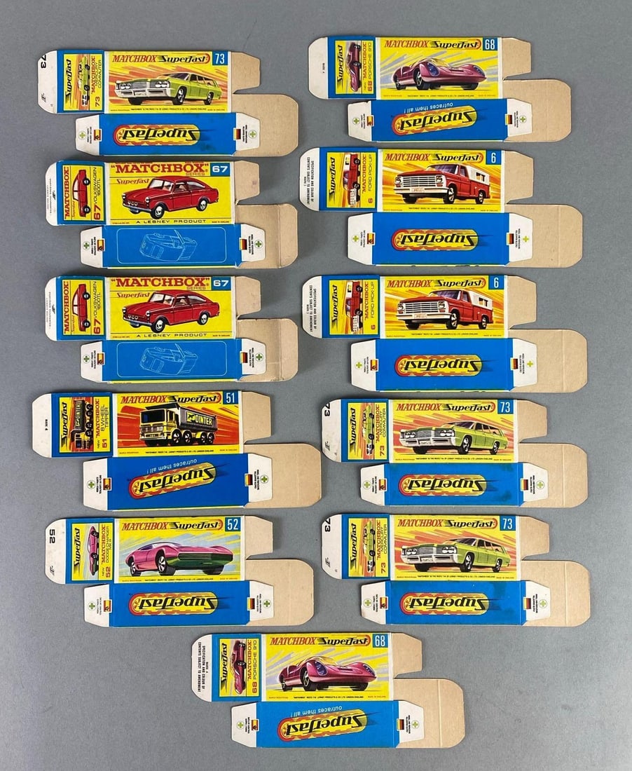 Group of 11 Matchbox F Type Boxes: Includes No. 73 Mercury Commuter, No. 67 Volkswagen 1600TL, No. 51 8 Wheel Tipper, and more.