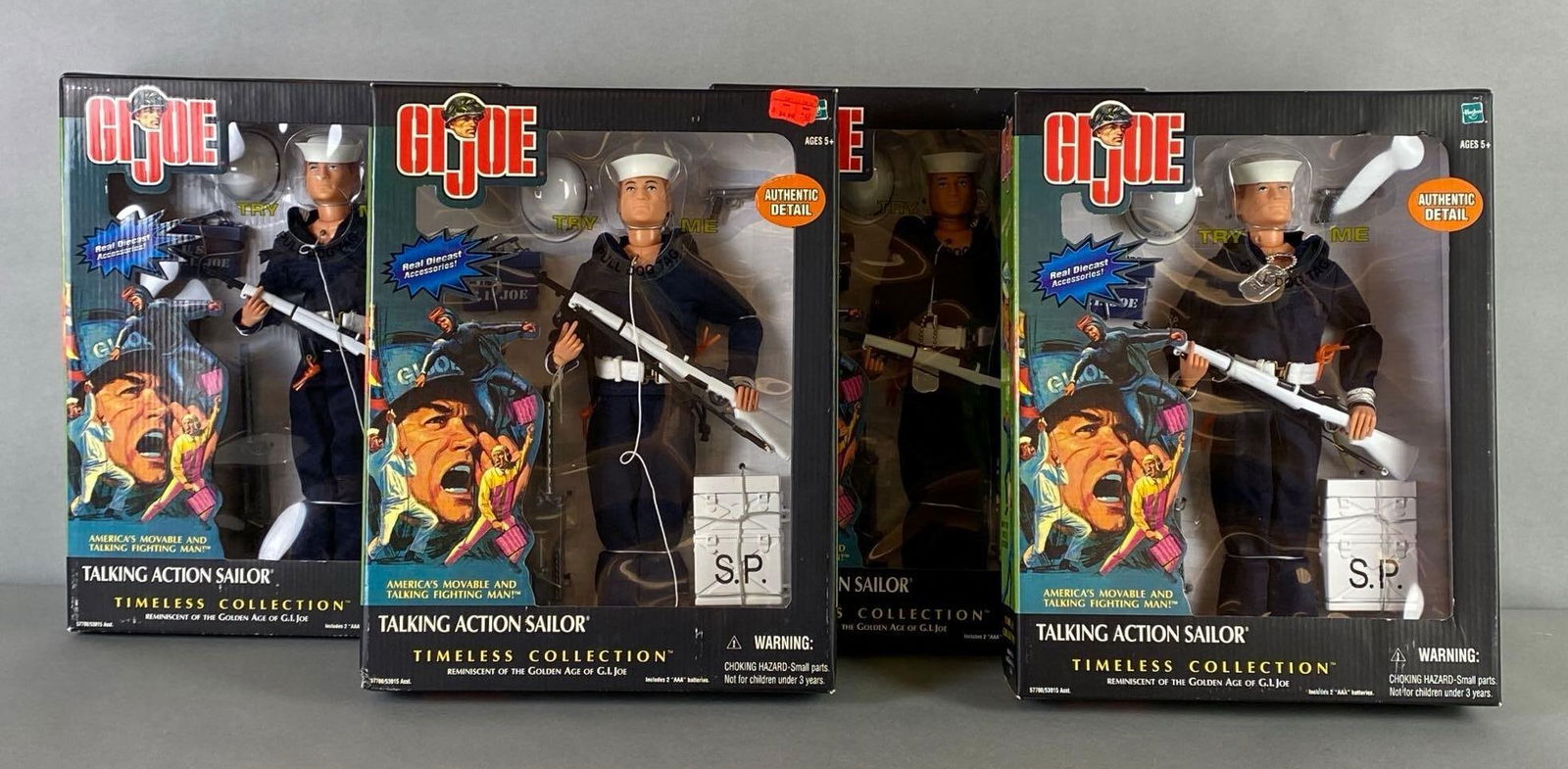 Group of 4 Hasbro G.I. Joe Timeless Collection Talking Action Sailor Figures: 2002, Unknown working conditions, Some dog tags pulled all the way out, Boxes measure 13 1/2 x 10 1/2 x 3 inches.