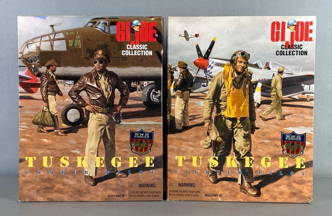Group of 2 Hasbro Limited Edition G.I. Joe Tuskegee Action Figures: Includes Bomber Pilot, and Fighter Pilot, WW2 Forces Collection, Classics Collection, Boxes measure 13 1/2 x 10 1/2 x 3 inches.