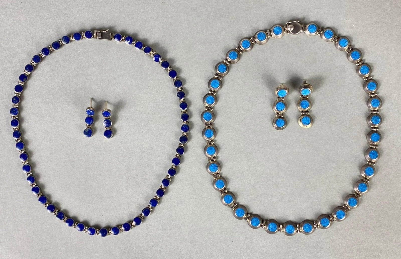 Sterling Silver Blue Hardstone Necklace and Earring Sets: Includes 2 sets with necklace and matching earrings, Longest necklace measures 17 1/2 inches long.