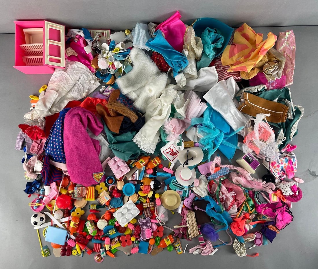 Group of Mattel Barbie Accessories and More: Includes toy food, clothes, kitchen items and more. For 11 1/2 inch dolls