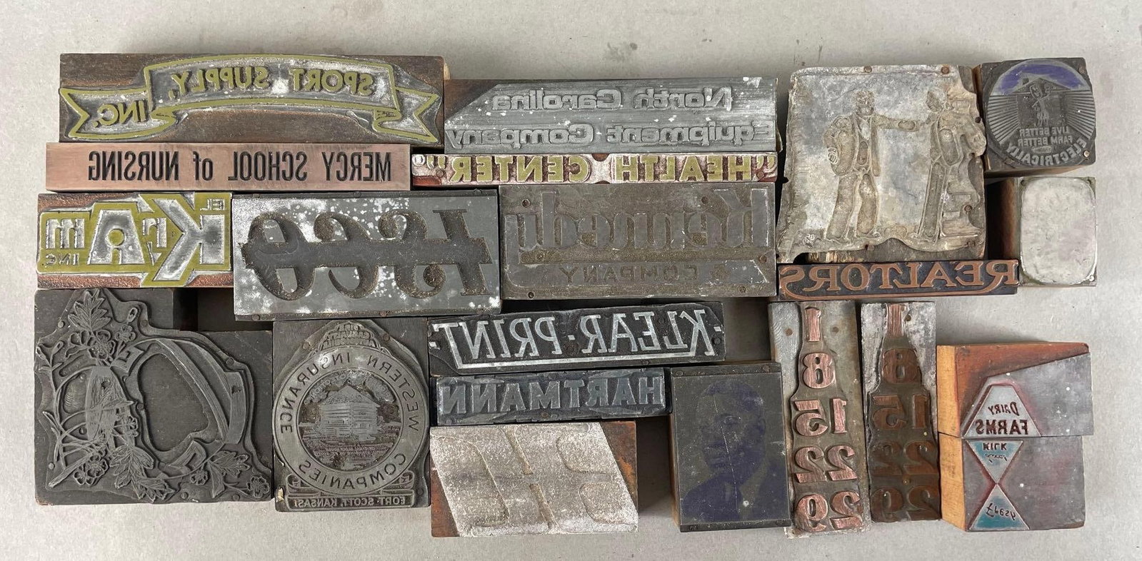 Group of Vintage Advertising Type Blocks and More: Largest measures 2 3/4 x 3 inches