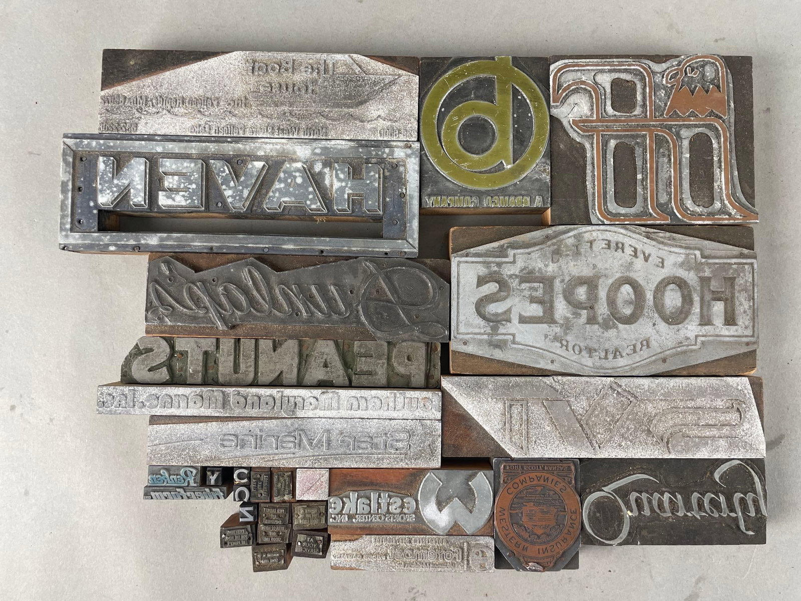 Group of Vintage Advertising Type Blocks and More: Largest measures 3 x 6 inches